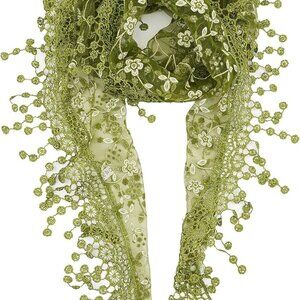 Lace Trim Floral Scarf - Olive Green